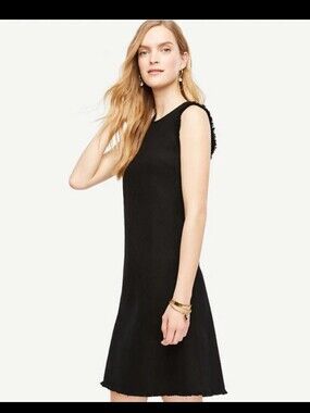Ann Taylor Black Basketweave Shift Career Dress Fringe Trim 4  $149